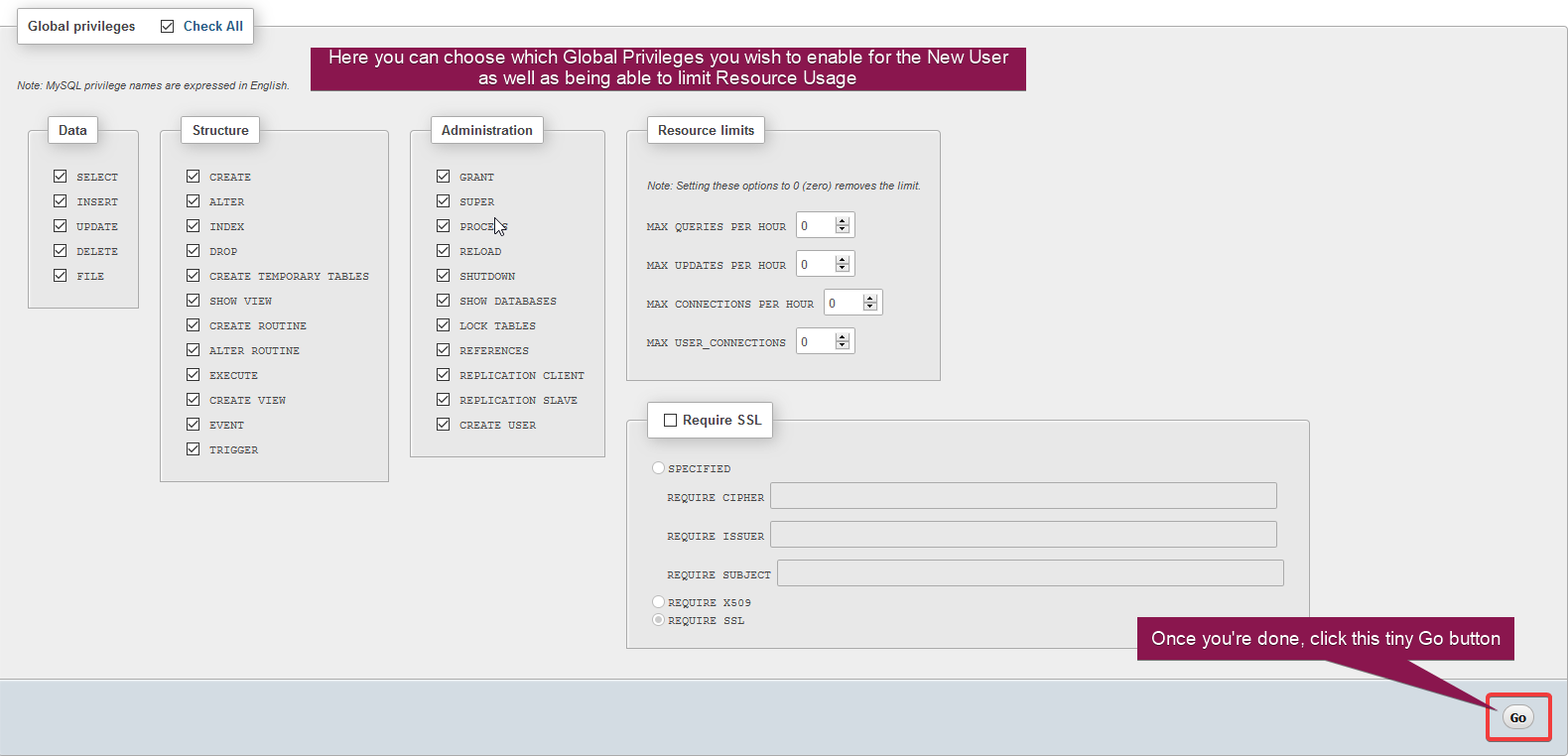 Adding new MySQL users to your MySQL database via the PhpMyAdmin interface