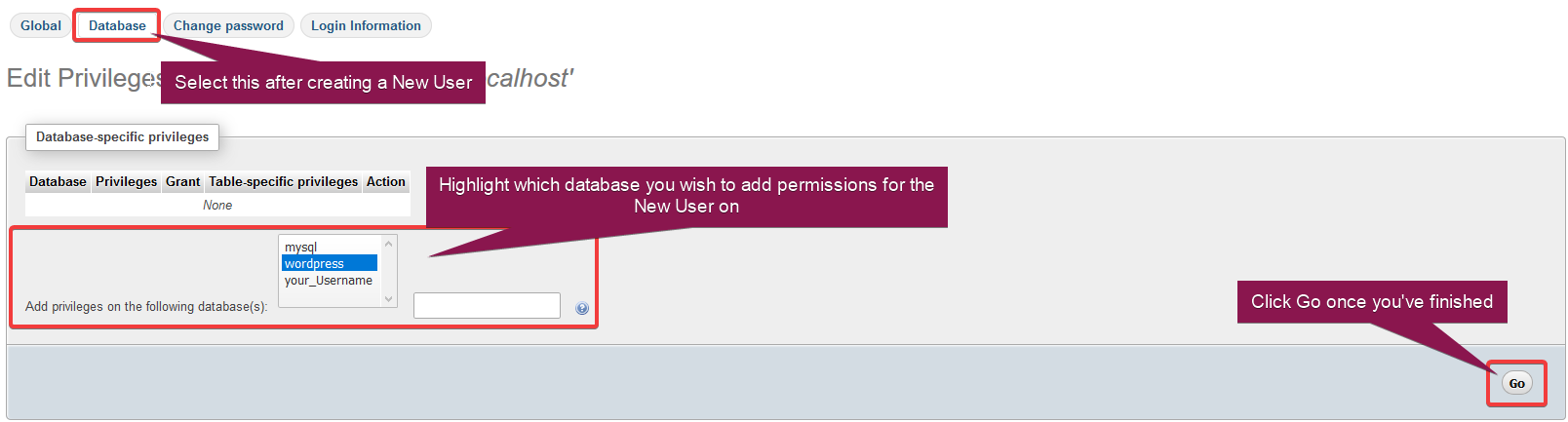 Adding new MySQL users to your MySQL database via the PhpMyAdmin interface